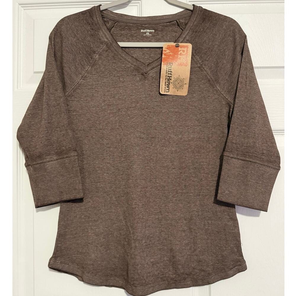 NWT Ruff Hewn Women’s Petite Small Brown V Neck 3/4 Sleeve Top